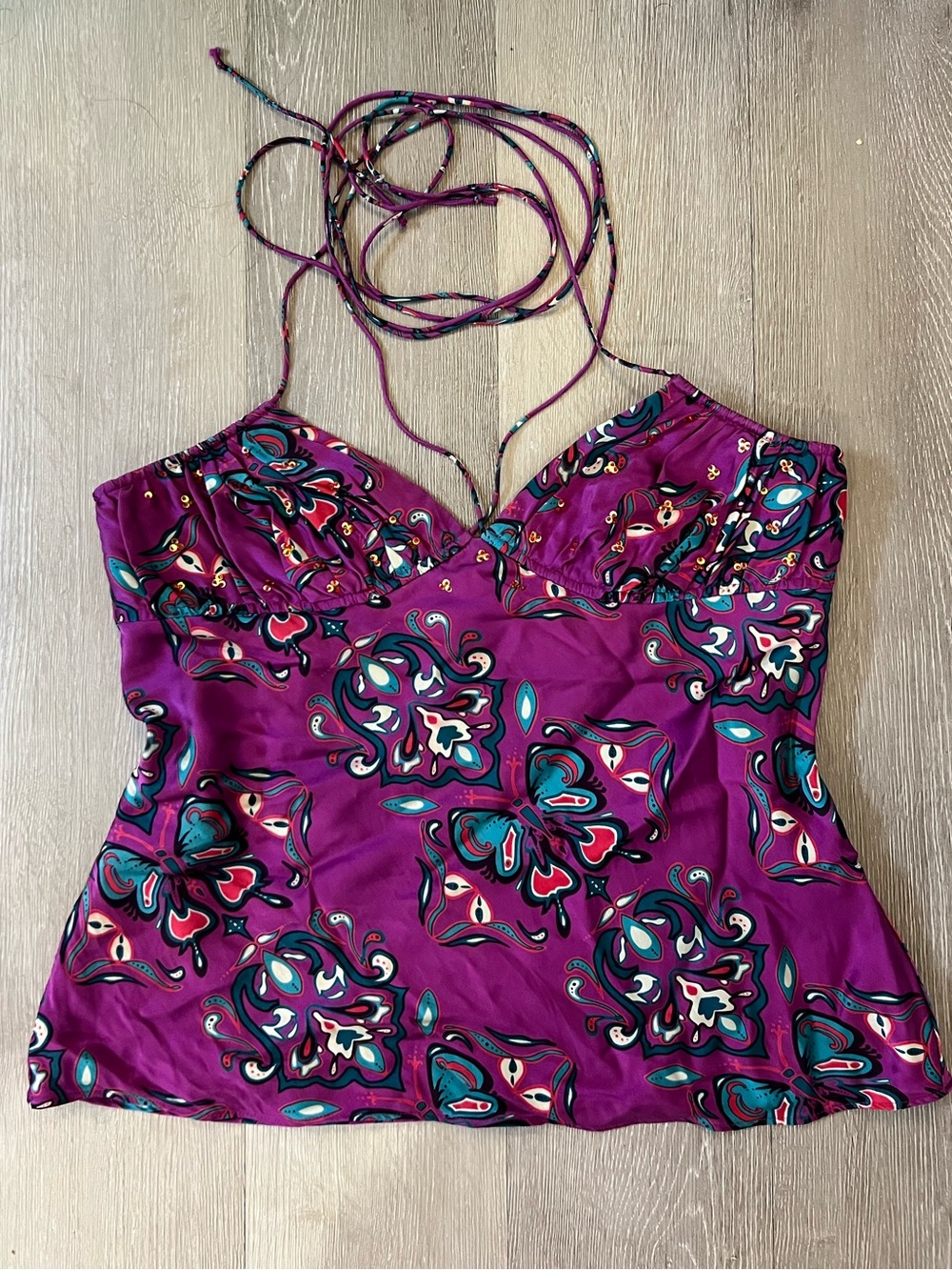 Laundry By Shelli Segal 100% Satin Paisley Butterfly Halter Top with Sequins